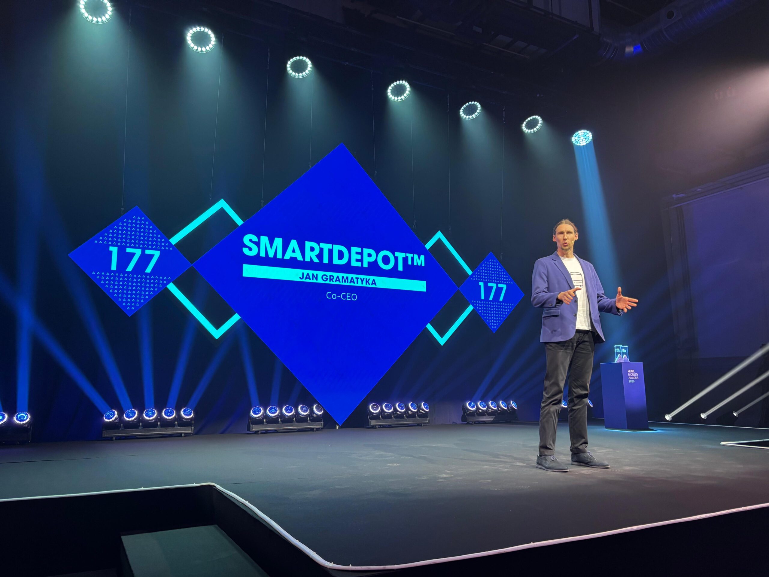 Jan Gramatyka, Co-CEO of Autonomous Systems, presenting SmartDEPOT™ on stage at the MUBIL Mobility Awards 2026 in Donostia